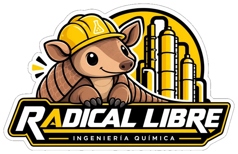 Mascota de Radical Libre: un armadillo con casco de obra frente a una planta química
